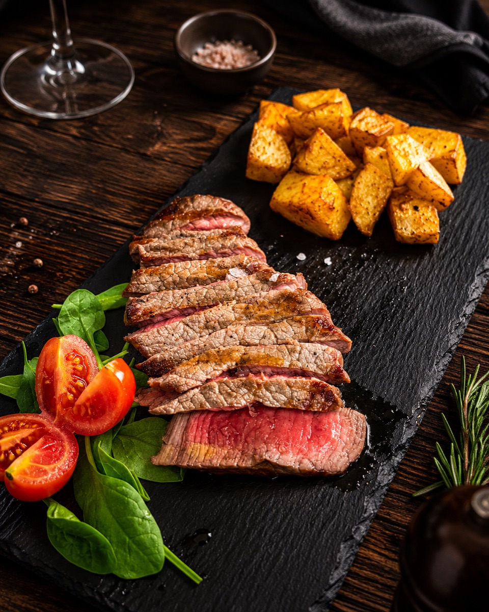 Tagliata di fassona piemontese al sangue su tagliere di ardesia, con patate al forno, pomodorini e un calice di vino